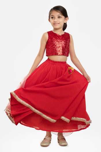Byb Premium_Red Cotton, Chiffon Sequins, Embroidery Zari Border Embellished Lehenga Set _at_Aza_Fashions