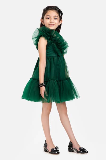 Byb Premium_Green Polyester Ruffles Asymmetric Dress _Online_at_Aza_Fashions
