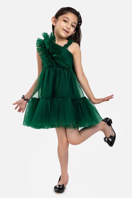 Shop_Byb Premium_Green Polyester Ruffles Asymmetric Dress _Online_at_Aza_Fashions