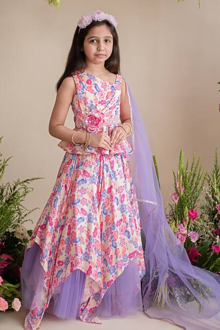 Buy_PA:Paa_Multi Color Cotton Satin Printed And Embroidery Floral Lehenga Set_Online_at_Aza_Fashions