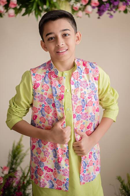 Buy_PA:Paa_Multi Color Kurta Cotton Printed Floral Bundi And Set_Online_at_Aza_Fashions