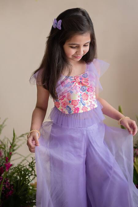 Shop_PA:Paa_Purple Top Cotton Satin Printed Floral Crop And Palazzo Set_Online_at_Aza_Fashions