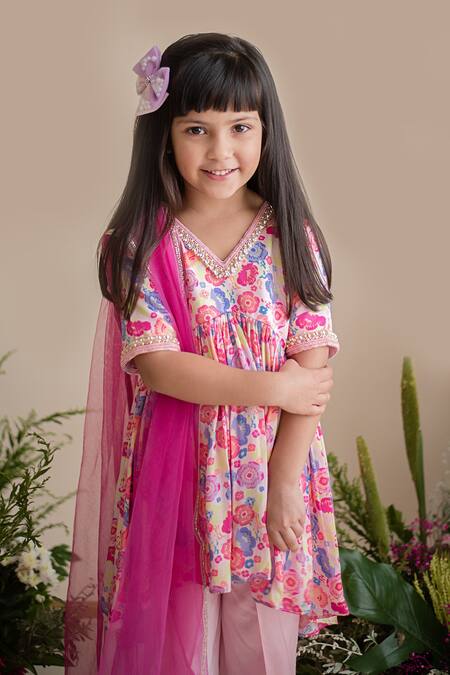 PA:Paa_Pink Cotton Satin Print And Embroidery Floral Print Beads Kurta & Dhoti Pant Set_Online_at_Aza_Fashions