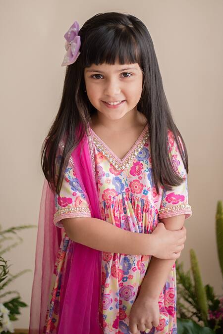 Buy_PA:Paa_Pink Cotton Satin Print And Embroidery Floral Print Beads Kurta & Dhoti Pant Set_Online_at_Aza_Fashions