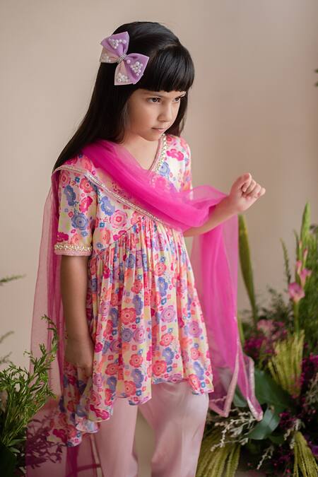 Shop_PA:Paa_Pink Cotton Satin Print And Embroidery Floral Print Beads Kurta & Dhoti Pant Set_Online_at_Aza_Fashions
