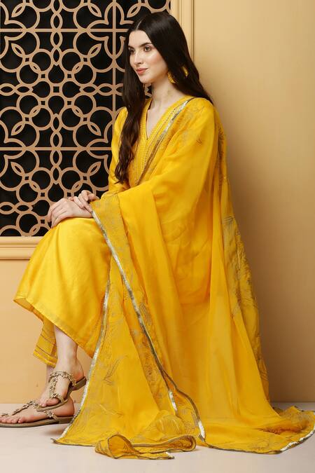 Buy_Kefi Collections_Yellow Silk, Chanderi, Organza Embroidery V-neck Bairagi Kurta Pant Set