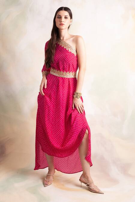Palak & Mehak_Pink Crepe Bandhani One Shoulder Dress_Online_at_Aza_Fashions