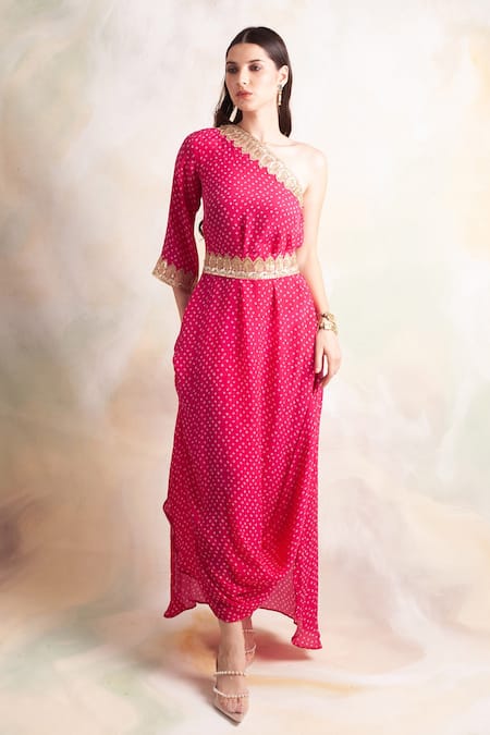 Buy_Palak & Mehak_Pink Crepe Bandhani One Shoulder Dress_Online_at_Aza_Fashions