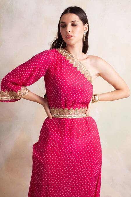 Palak & Mehak_Pink Crepe Bandhani One Shoulder Dress_at_Aza_Fashions