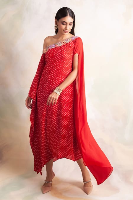 Palak & Mehak Red Crepe Floral, Bandhani Asymmetric Print Off Shoulder Dress Online at Aza Fashions Palak & Mehak_Red Crepe Floral, Bandhani Asymmetric Print Off Shoulder Dress _Online_at_Aza_Fashions