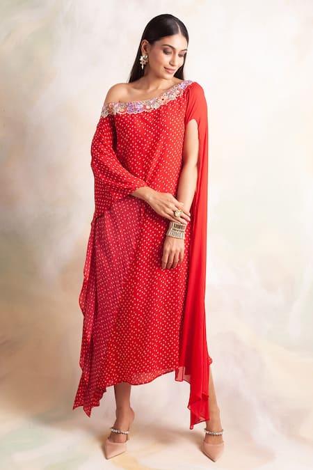 Buy Palak & Mehak Red Crepe Floral, Bandhani Asymmetric Print Off Shoulder Dress Online at Aza Fashions Buy_Palak & Mehak_Red Crepe Floral, Bandhani Asymmetric Print Off Shoulder Dress _Online_at_Aza_Fashions