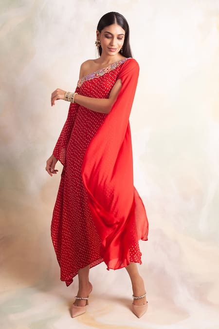Shop Palak & Mehak Red Crepe Floral, Bandhani Asymmetric Print Off Shoulder Dress Online at Aza Fashions Shop_Palak & Mehak_Red Crepe Floral, Bandhani Asymmetric Print Off Shoulder Dress _Online_at_Aza_Fashions