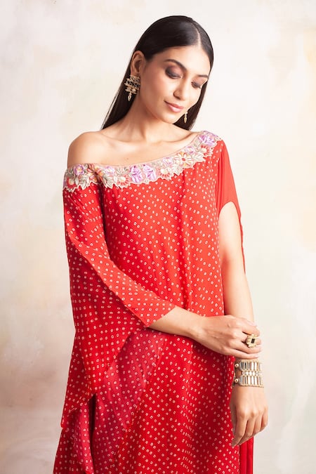 Palak & Mehak Red Crepe Floral, Bandhani Asymmetric Print Off Shoulder Dress at Aza Fashions Palak & Mehak_Red Crepe Floral, Bandhani Asymmetric Print Off Shoulder Dress _at_Aza_Fashions