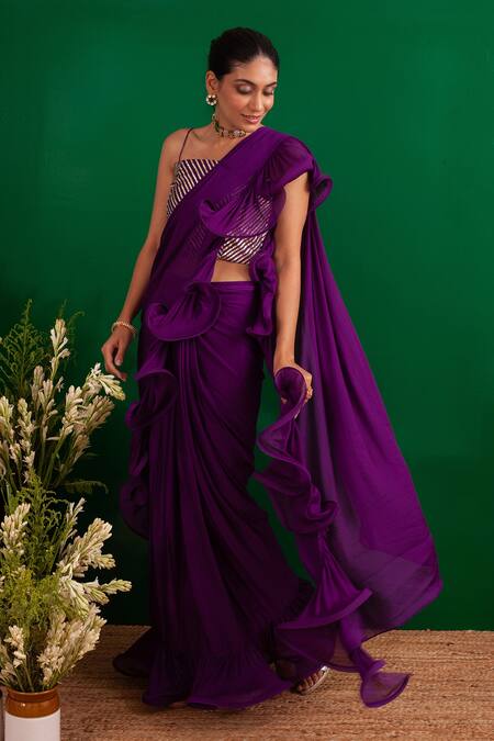 Buy_Palak & Mehak_Purple Chinnon Square Neck Ruffle Pre-draped Saree Set _Online_at_Aza_Fashions
