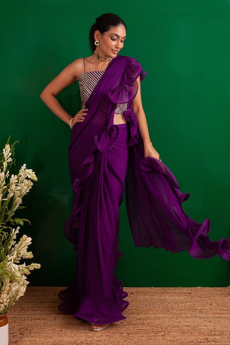 Shop_Palak & Mehak_Purple Chinnon Square Neck Ruffle Pre-draped Saree Set _Online_at_Aza_Fashions