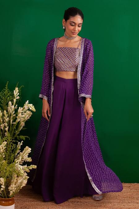 Buy_Palak & Mehak_Purple Georgette, Soft Modal Gota Work, Bandhani Square Long Jacket And Pant Set_Online_at_Aza_Fashions
