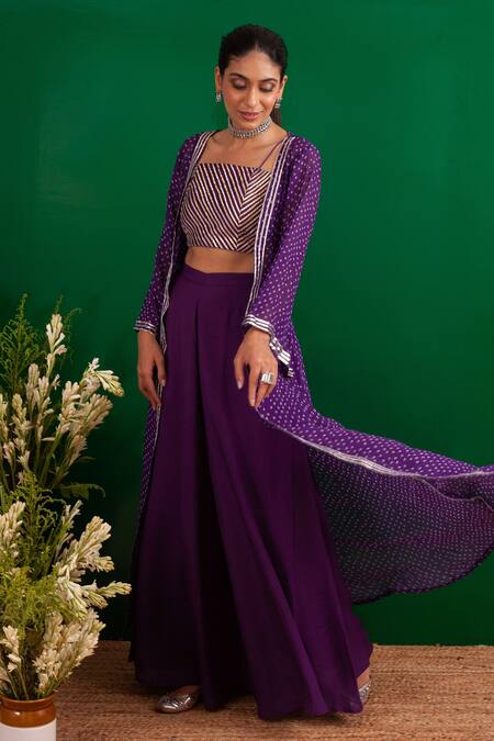 Shop_Palak & Mehak_Purple Georgette, Soft Modal Gota Work, Bandhani Square Long Jacket And Pant Set_Online_at_Aza_Fashions