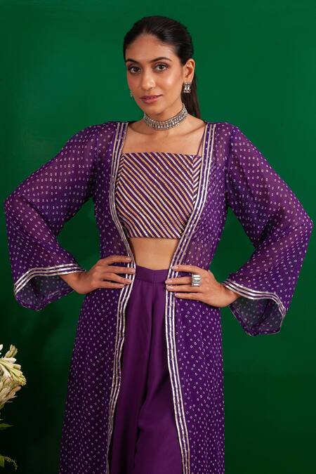 Palak & Mehak_Purple Georgette, Soft Modal Gota Work, Bandhani Square Long Jacket And Pant Set_at_Aza_Fashions