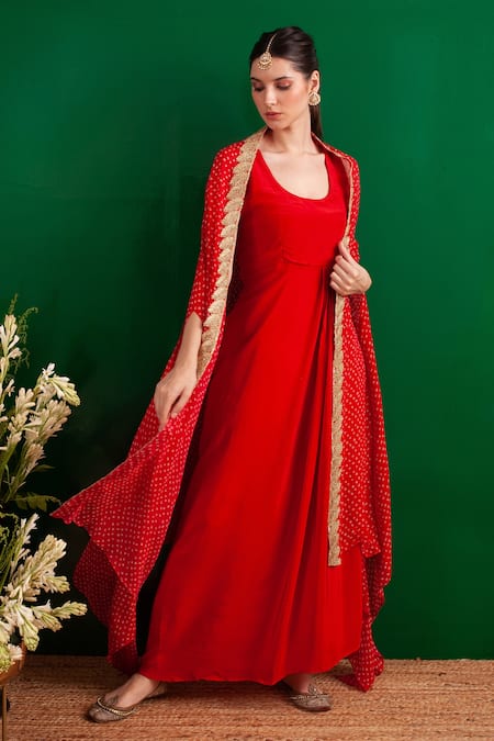 Palak & Mehak Red Crepe Leaf, Bandhani Round Neck Print Cape With Dress Online at Aza Fashions Palak & Mehak_Red Crepe Leaf, Bandhani Round Neck Print Cape With Dress _Online_at_Aza_Fashions