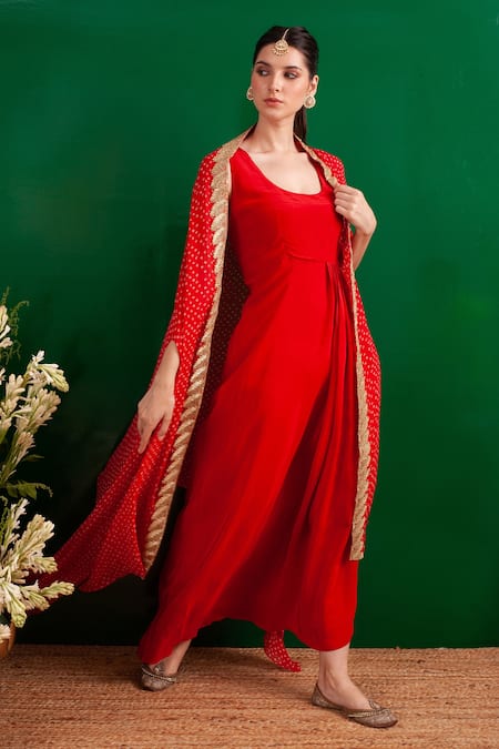 Buy Palak & Mehak Red Crepe Leaf, Bandhani Round Neck Print Cape With Dress Online at Aza Fashions Buy_Palak & Mehak_Red Crepe Leaf, Bandhani Round Neck Print Cape With Dress _Online_at_Aza_Fashions