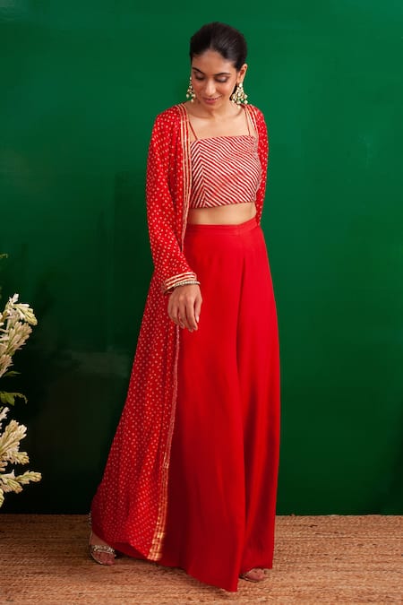 Palak & Mehak_Red Georgette, Soft Modal Gota Work, Bandhani Pattern Jacket And Flared Pant Set _Online_at_Aza_Fashions