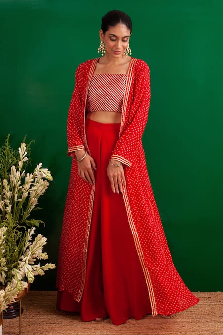 Buy_Palak & Mehak_Red Georgette, Soft Modal Gota Work, Bandhani Pattern Jacket And Flared Pant Set _Online_at_Aza_Fashions