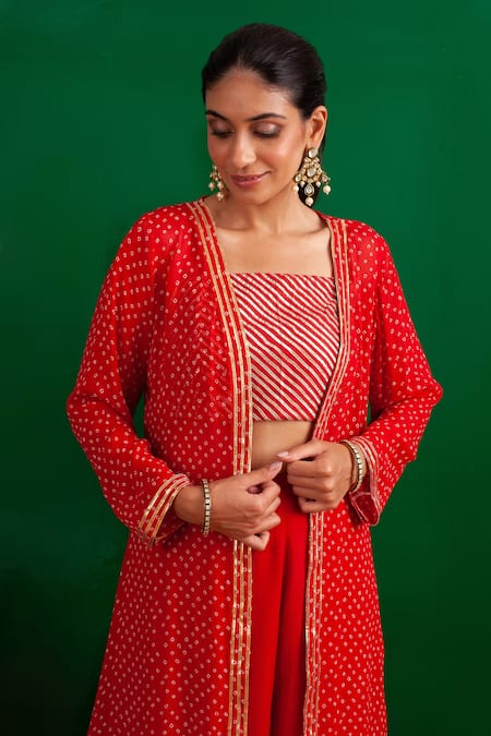 Shop_Palak & Mehak_Red Georgette, Soft Modal Gota Work, Bandhani Pattern Jacket And Flared Pant Set _Online_at_Aza_Fashions