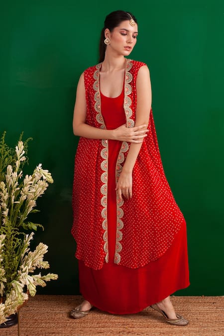 Buy Palak & Mehak Red Crepe Bandhani, Flower Round Neck Pattern Cape With Dress Online at Aza Fashions Buy_Palak & Mehak_Red Crepe Bandhani, Flower Round Neck Pattern Cape With Dress _Online_at_Aza_Fashions