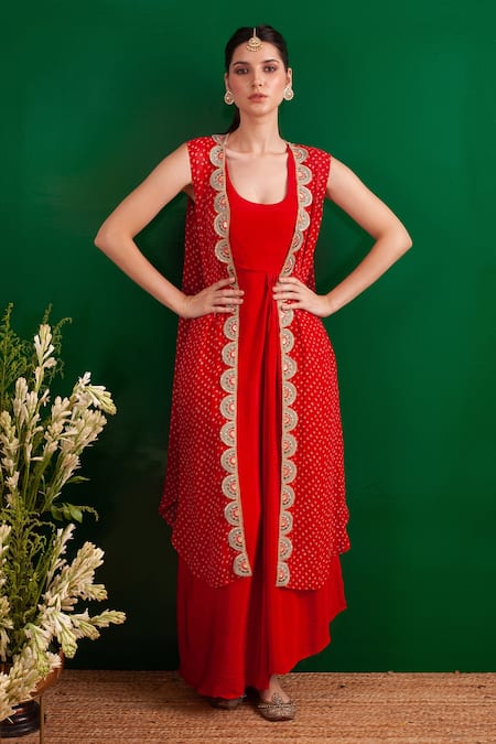 Shop Palak & Mehak Red Crepe Bandhani, Flower Round Neck Pattern Cape With Dress Online at Aza Fashions Shop_Palak & Mehak_Red Crepe Bandhani, Flower Round Neck Pattern Cape With Dress _Online_at_Aza_Fashions