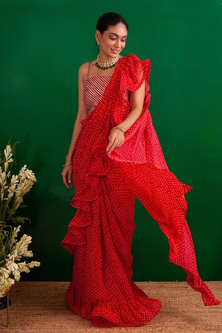 Palak & Mehak Red Georgette Bandhani Square Neck Pre-draped Saree Set Online at Aza Fashions Palak & Mehak_Red Georgette Bandhani Square Neck Pre-draped Saree Set _Online_at_Aza_Fashions