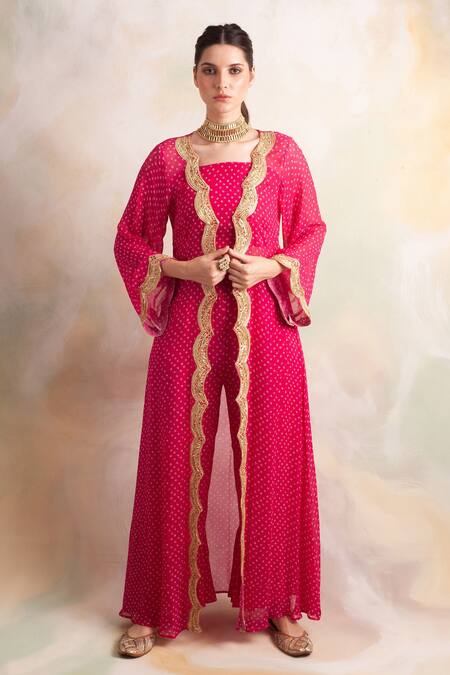 Palak & Mehak_Pink Georgette Bandhani Square Neck Pattern Pant Set With Jacket_Online_at_Aza_Fashions