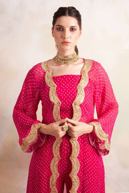 Buy_Palak & Mehak_Pink Georgette Bandhani Square Neck Pattern Pant Set With Jacket_Online_at_Aza_Fashions
