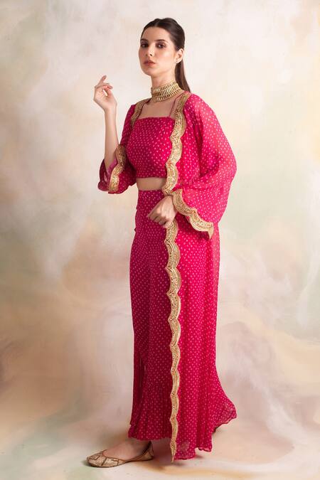 Shop_Palak & Mehak_Pink Georgette Bandhani Square Neck Pattern Pant Set With Jacket_Online_at_Aza_Fashions