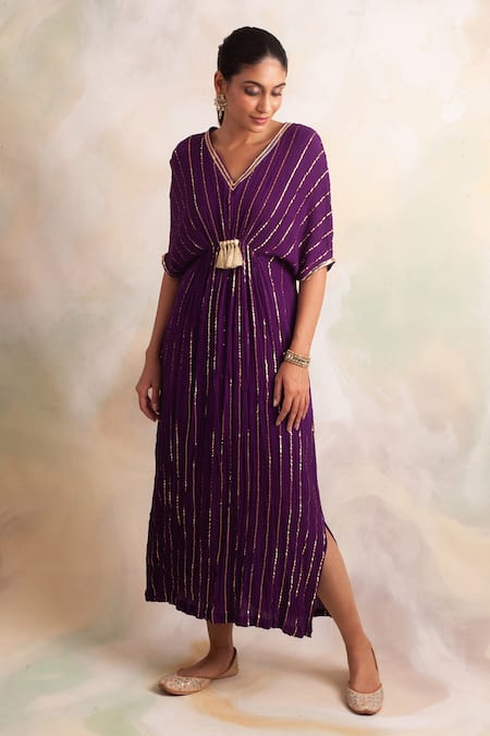 Palak & Mehak_Purple Rayon Crepe Stripe V Neck Embroidered Kaftan _Online_at_Aza_Fashions