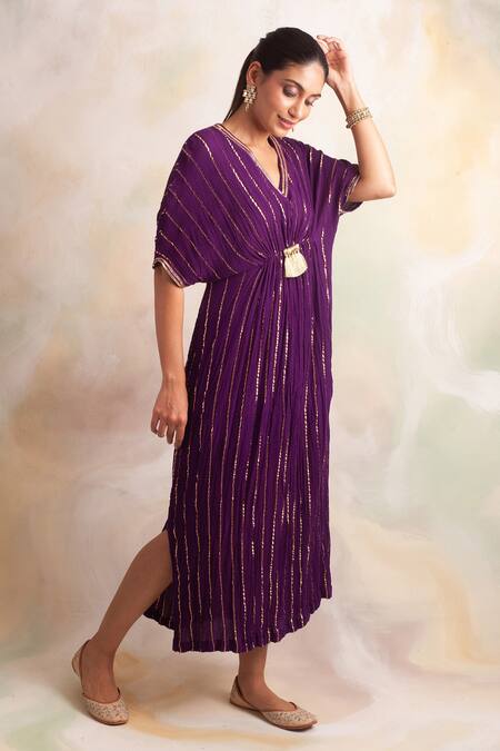 Buy_Palak & Mehak_Purple Rayon Crepe Stripe V Neck Embroidered Kaftan _Online_at_Aza_Fashions