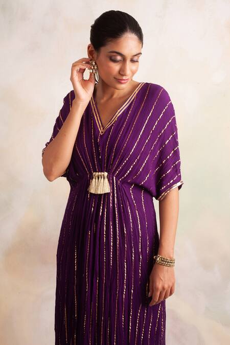 Palak & Mehak_Purple Rayon Crepe Stripe V Neck Embroidered Kaftan _at_Aza_Fashions