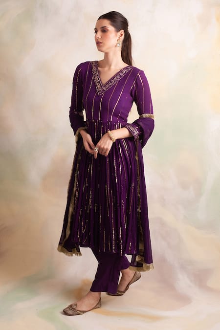 Palak & Mehak_Purple Rayon Crepe Flower V Neck Stripe Anarkali Kurta Set _Online_at_Aza_Fashions