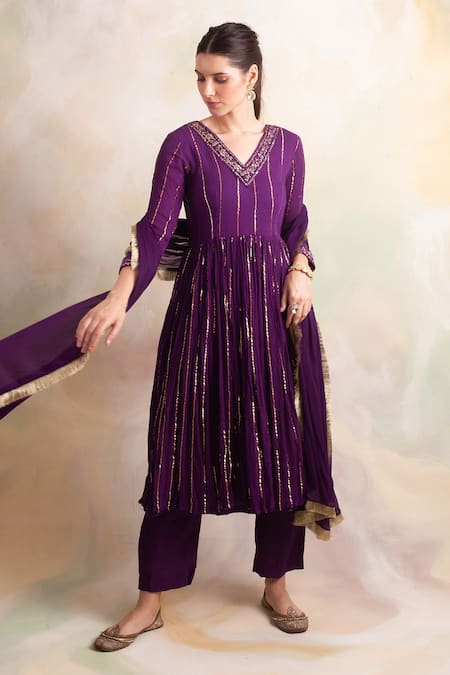 Buy_Palak & Mehak_Purple Rayon Crepe Flower V Neck Stripe Anarkali Kurta Set _Online_at_Aza_Fashions
