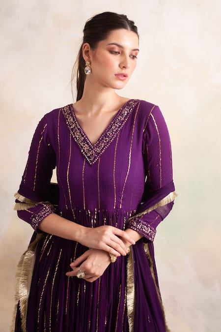Palak & Mehak_Purple Rayon Crepe Flower V Neck Stripe Anarkali Kurta Set _at_Aza_Fashions