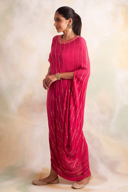 Buy_Palak & Mehak_Pink Rayon Crepe Stripe Round Neck Pattern Cowl Hem Dress _Online_at_Aza_Fashions