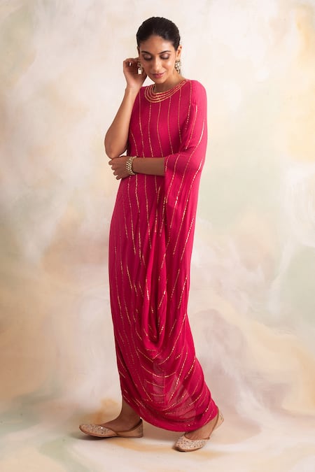 Shop_Palak & Mehak_Pink Rayon Crepe Stripe Round Neck Pattern Cowl Hem Dress _Online_at_Aza_Fashions