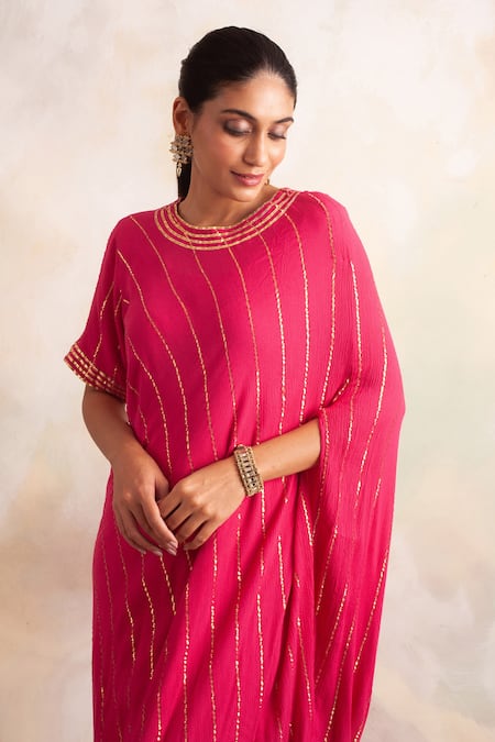 Palak & Mehak_Pink Rayon Crepe Stripe Round Neck Pattern Cowl Hem Dress _at_Aza_Fashions