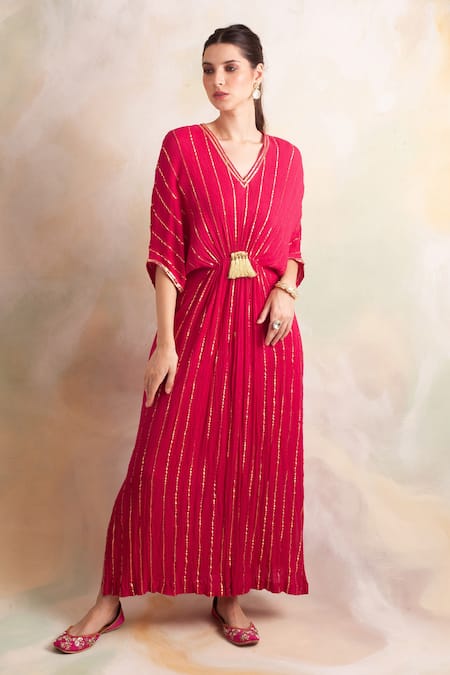 Palak & Mehak_Pink Rayon Crepe Striped V Neck Kaftan _Online_at_Aza_Fashions