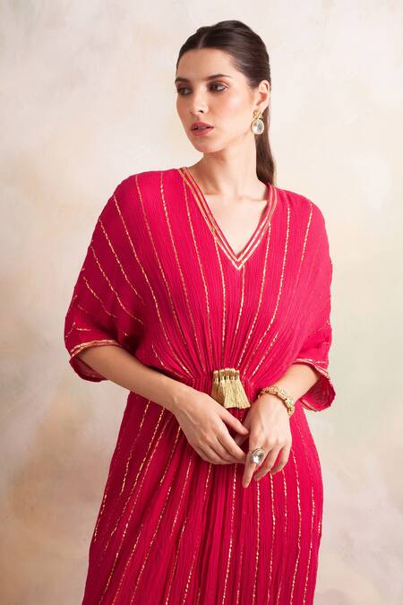 Palak & Mehak_Pink Rayon Crepe Striped V Neck Kaftan _at_Aza_Fashions
