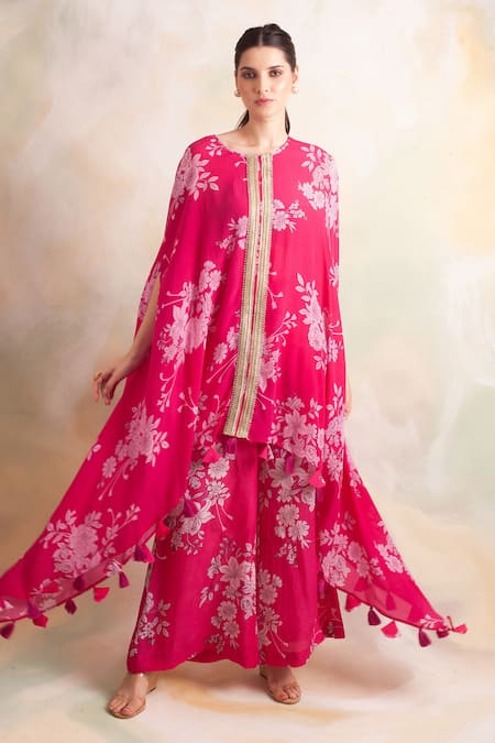 Palak & Mehak Pink Crepe Gota, Bandhani Round Floral Print Cape Top And Pant Set Online at Aza Fashions Palak & Mehak_Pink Crepe Gota, Bandhani Round Floral Print Cape Top And Pant Set _Online_at_Aza_Fashions