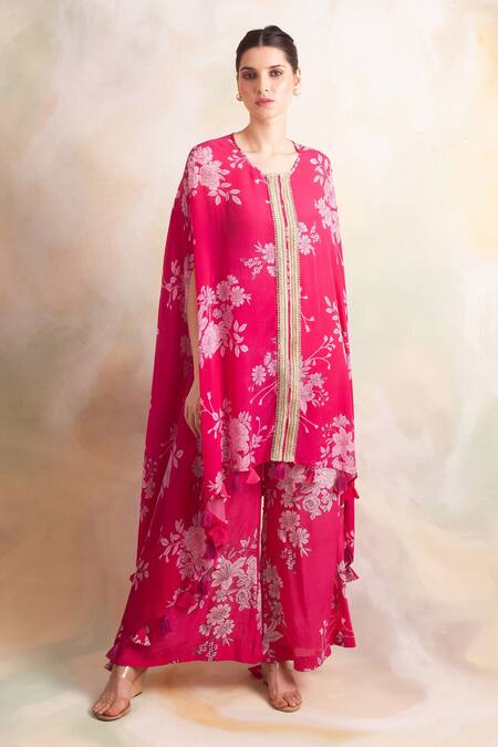 Buy Palak & Mehak Pink Crepe Gota, Bandhani Round Floral Print Cape Top And Pant Set Online at Aza Fashions Buy_Palak & Mehak_Pink Crepe Gota, Bandhani Round Floral Print Cape Top And Pant Set _Online_at_Aza_Fashions