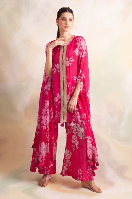 Shop Palak & Mehak Pink Crepe Gota, Bandhani Round Floral Print Cape Top And Pant Set Online at Aza Fashions Shop_Palak & Mehak_Pink Crepe Gota, Bandhani Round Floral Print Cape Top And Pant Set _Online_at_Aza_Fashions