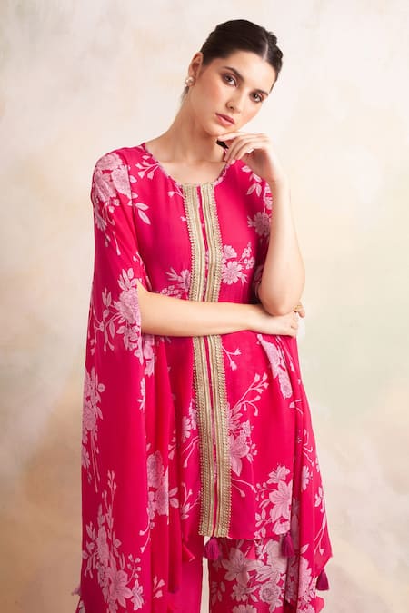 Palak & Mehak Pink Crepe Gota, Bandhani Round Floral Print Cape Top And Pant Set at Aza Fashions Palak & Mehak_Pink Crepe Gota, Bandhani Round Floral Print Cape Top And Pant Set _at_Aza_Fashions
