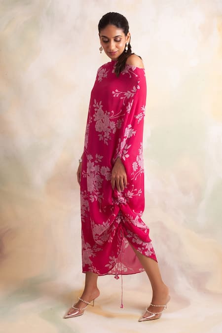 Shop Palak & Mehak Pink Crepe Floral Asymmetric Print Dress Online at Aza Fashions Shop_Palak & Mehak_Pink Crepe Floral Asymmetric Print Dress _Online_at_Aza_Fashions