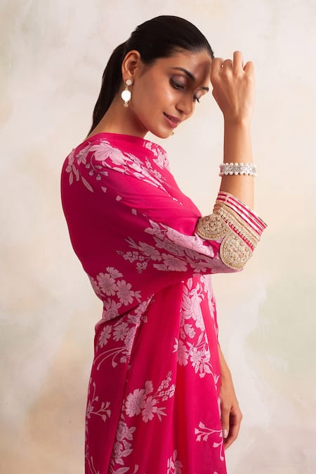 Palak & Mehak Pink Crepe Floral Asymmetric Print Dress at Aza Fashions Palak & Mehak_Pink Crepe Floral Asymmetric Print Dress _at_Aza_Fashions
